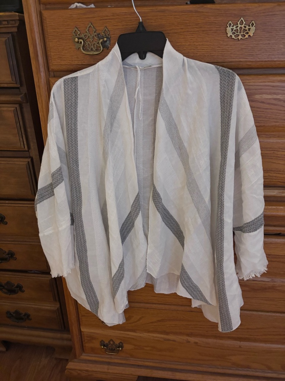 Brand New Lightweight Cotton White & Gray Striped Open-Front Shawl Cardigan